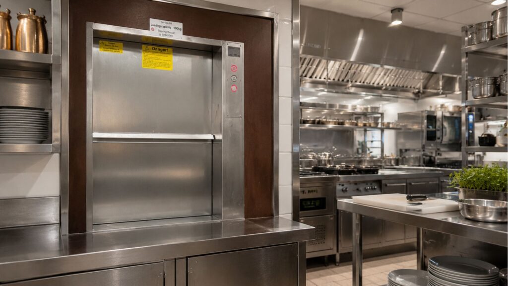 More hospitality / commercial environment angle Commercial dumbwaiter in operational environment illustrating factors that affect dumbwaiter lifespan and servicing needs
