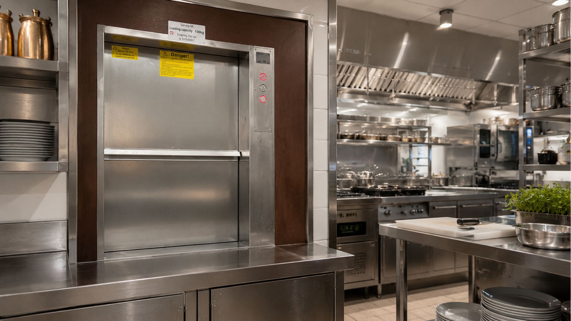 More hospitality / commercial environment angle Commercial dumbwaiter in operational environment illustrating factors that affect dumbwaiter lifespan and servicing needs